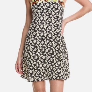 CAbi Black & Cream Floral Strapless Mini Dress with Color-Block Trim